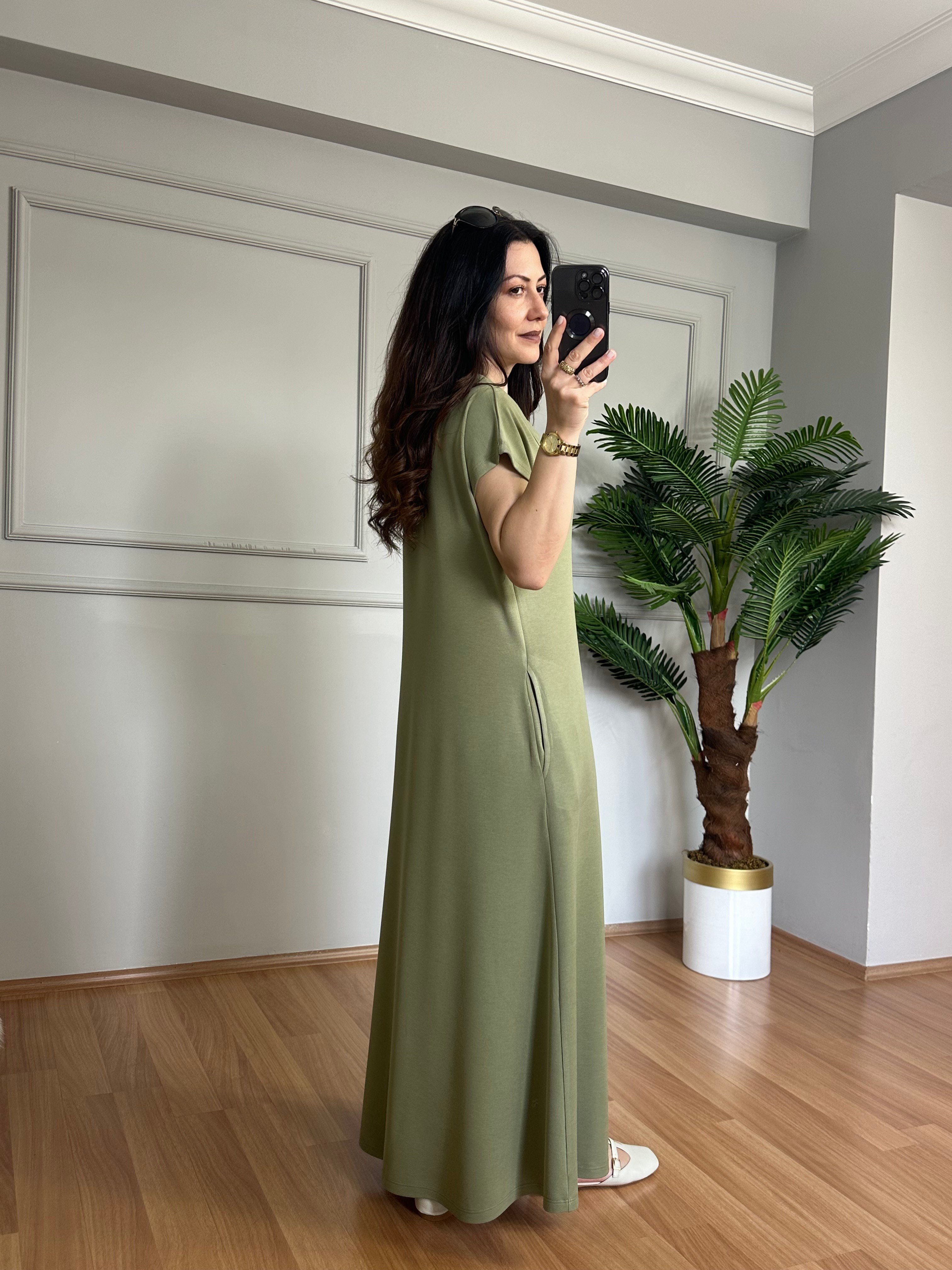 Trio Haki Düşük Kol Pike Modal Elbise