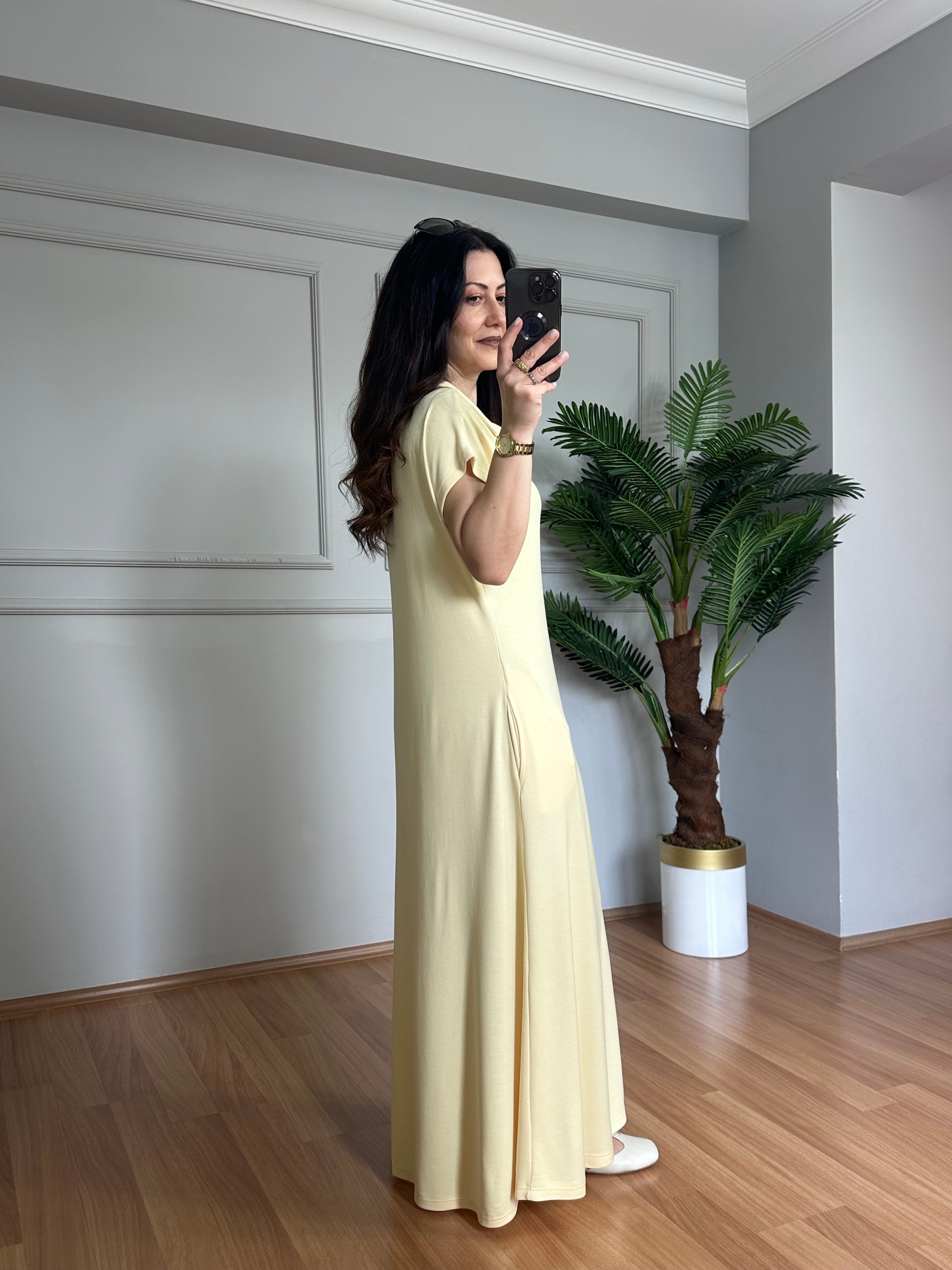 Trio Sarı Düşük Kol Pike Modal Elbise