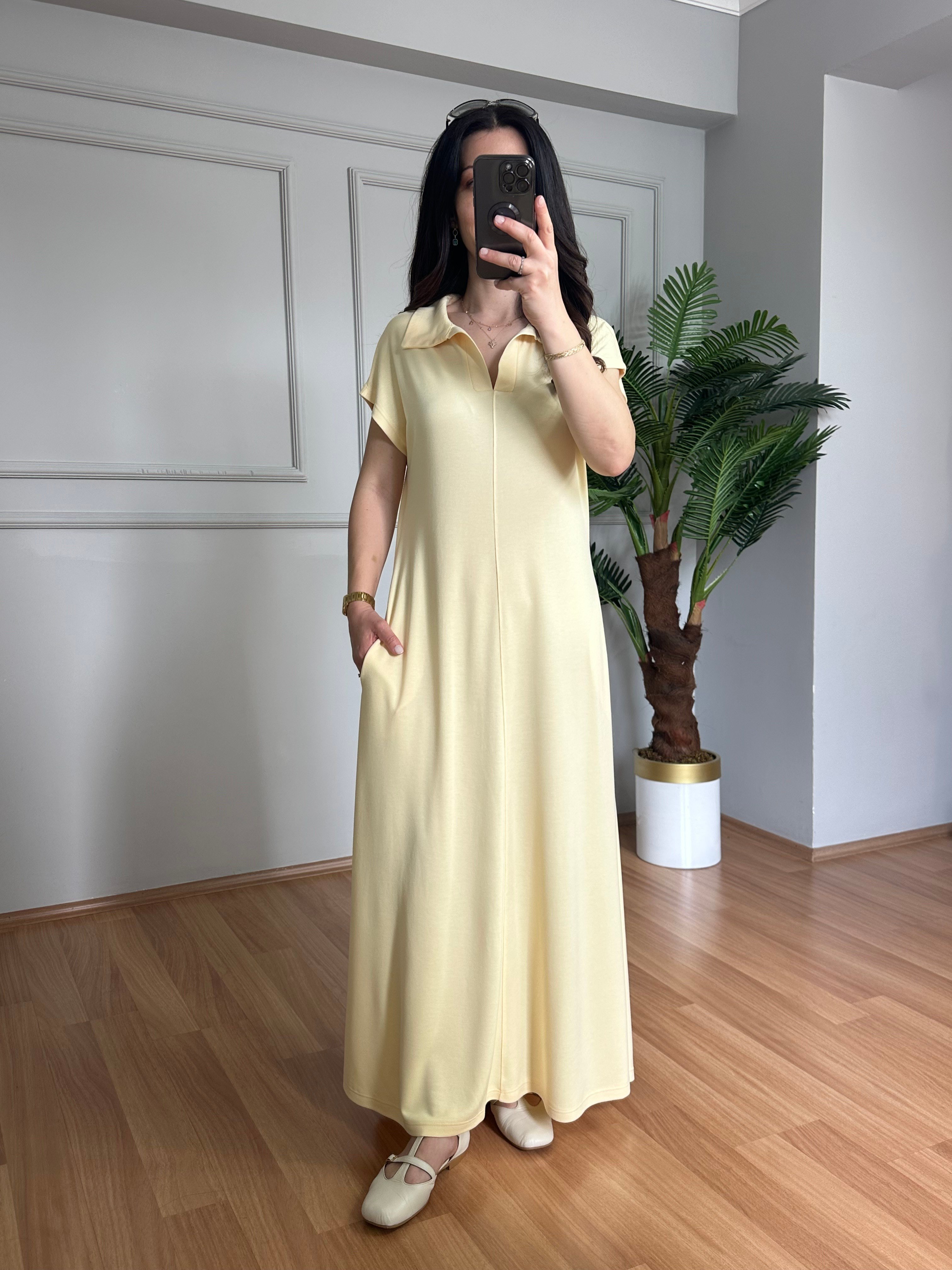 Trio Sarı Düşük Kol Pike Modal Elbise