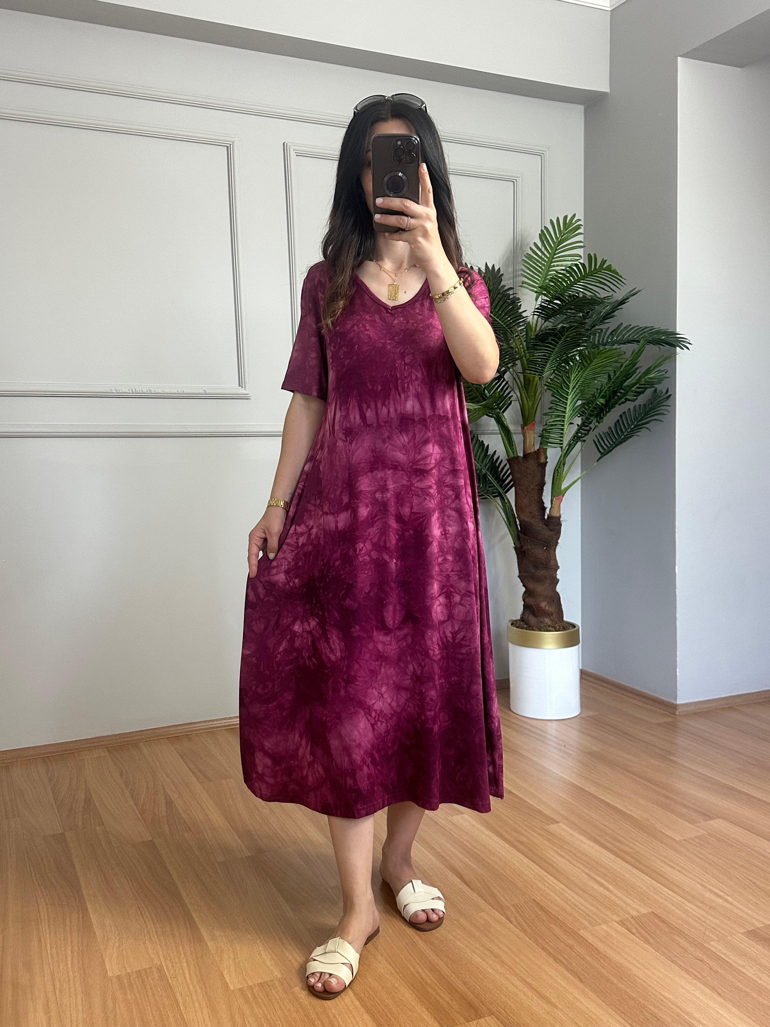 Truva Fuşya Batik Desen Likralı Viskon Elbise