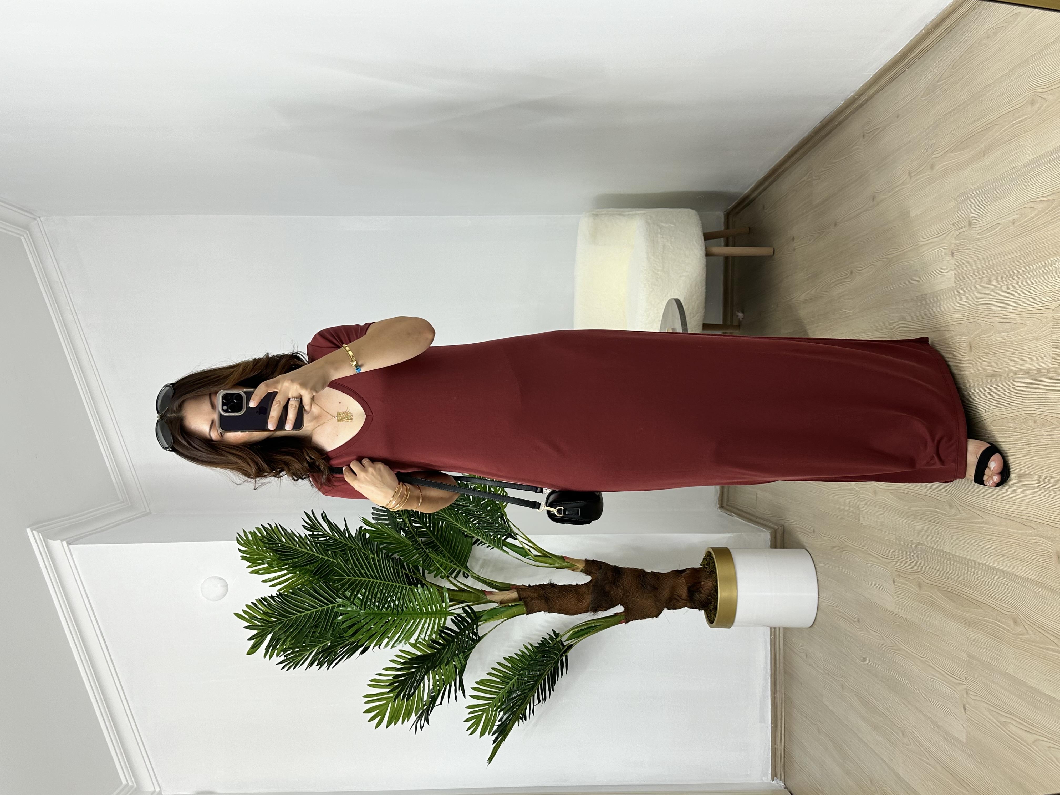 Vişne-Kiremit Orjinal Oysh Modal Kumaş V Yaka Elbise