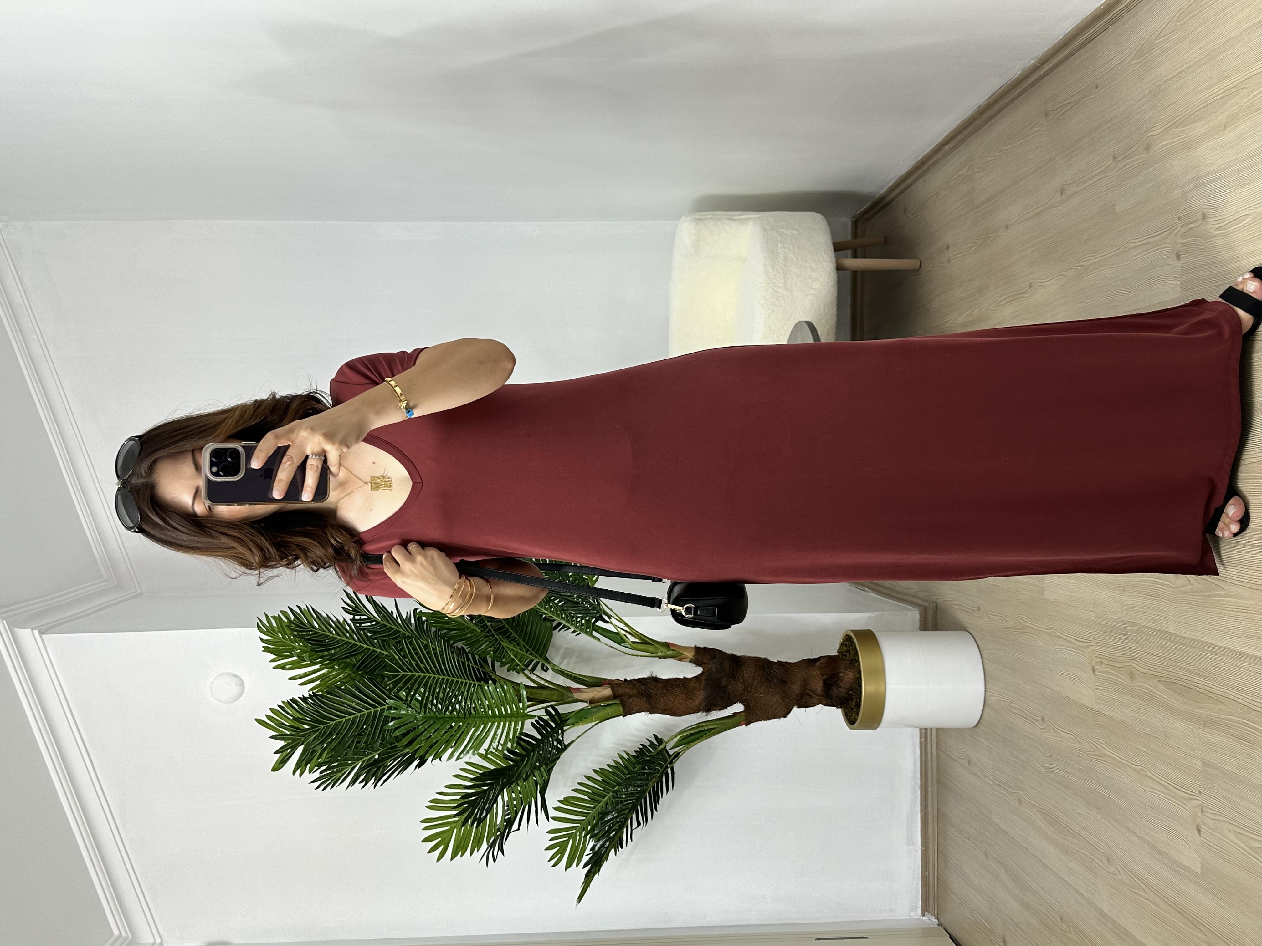 Vişne-Kiremit Orjinal Oysh Modal Kumaş V Yaka Elbise