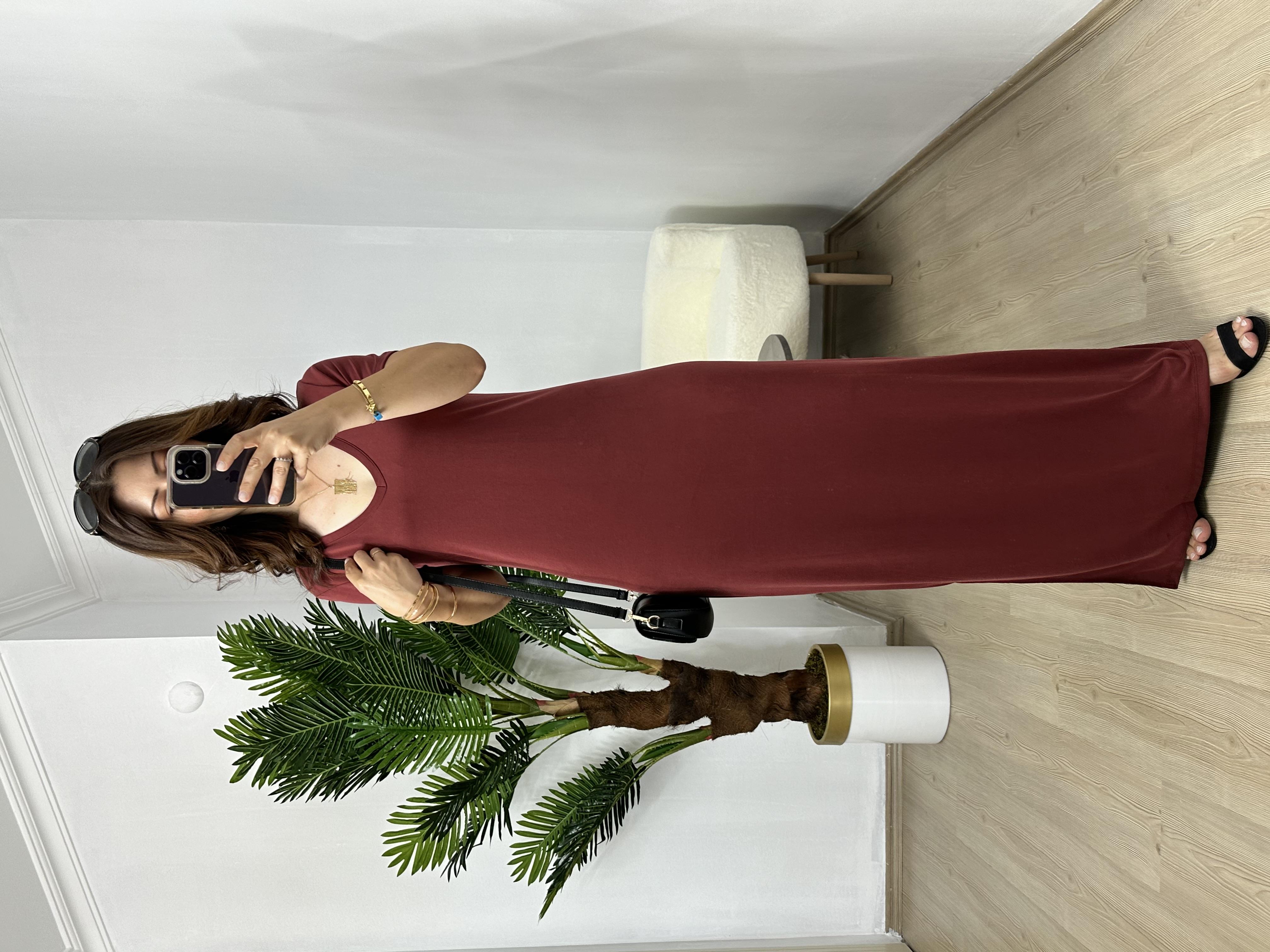 Vişne-Kiremit Orjinal Oysh Modal Kumaş V Yaka Elbise