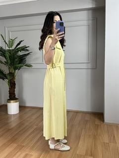 Alya Sarı Keten Gold Detay Elbise