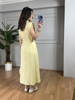 Alya Sarı Keten Gold Detay Elbise