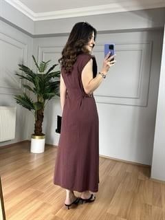 Alya Vişne Keten Gold Detay Elbise