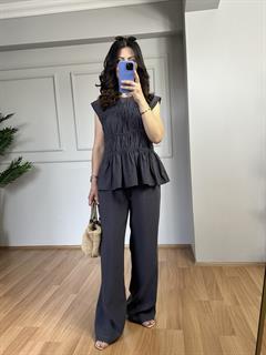 Anya Antrasit Büzgülü Bluz Ve Pantolon Takım