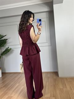 Anya Bordo Büzgülü Bluz Ve Pantolon Takım