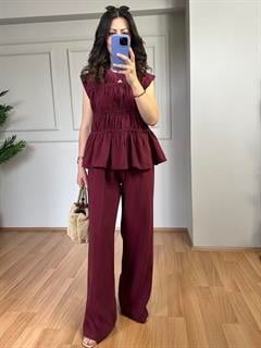 Anya Bordo Büzgülü Bluz Ve Pantolon Takım