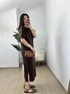 Ayza Acı Kahve Modal Kumaş Yandan Yırtmaçlı Basic Elbise