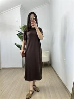 Ayza Acı Kahve Modal Kumaş Yandan Yırtmaçlı Basic Elbise