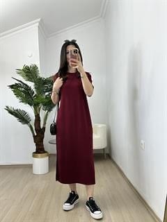 Ayza Bordo Modal Kumaş Yandan Yırtmaçlı Basic Elbise