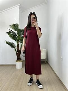 Ayza Bordo Modal Kumaş Yandan Yırtmaçlı Basic Elbise