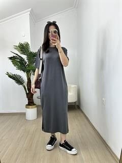 Ayza Füme Modal Kumaş Yandan Yırtmaçlı Basic Elbise