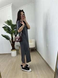 Ayza Füme Modal Kumaş Yandan Yırtmaçlı Basic Elbise