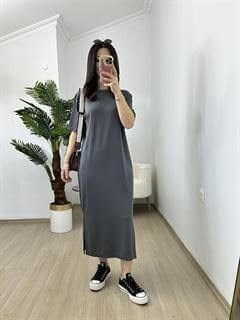 Ayza Füme Modal Kumaş Yandan Yırtmaçlı Basic Elbise