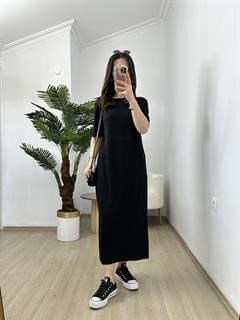 Ayza Siyah Modal Kumaş Yandan Yırtmaçlı Basic Elbise