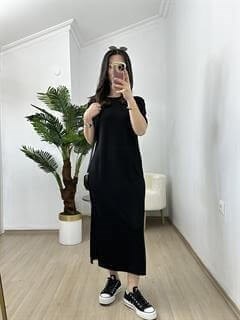 Ayza Siyah Modal Kumaş Yandan Yırtmaçlı Basic Elbise