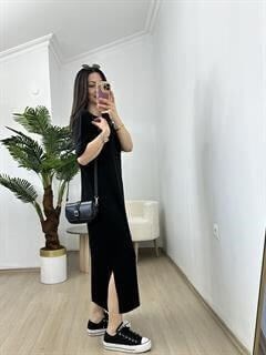 Ayza Siyah Modal Kumaş Yandan Yırtmaçlı Basic Elbise