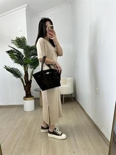 Ayza Vizon Modal Kumaş Yandan Yırtmaçlı Basic Elbise