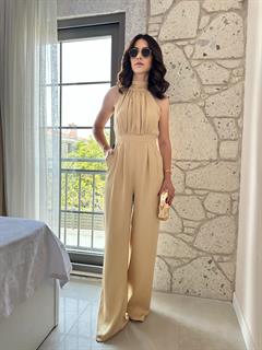 Bej Halter Yaka Önden Drapeli Tulum