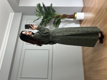 Belarus Haki Nakış Detaylı Kemerli Elbise