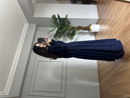 Belarus Lacivert Nakış Detaylı Kemerli Elbise