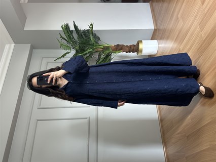 Belarus Lacivert Nakış Detaylı Kemerli Elbise