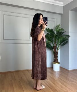 Best Kahve Likralı Viskon Batik Desen Elbise