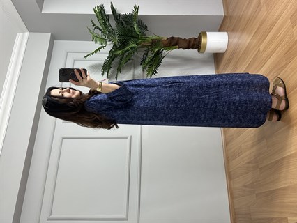 Beste Hareli Lacivert Yandan Düğme Detaylı Pamuk Viskon Elbise