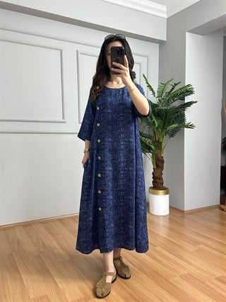 Beste Hareli Lacivert Yandan Düğme Detaylı Pamuk Viskon Elbise
