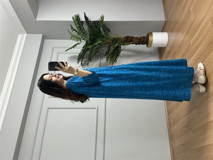 Beste Hareli Mavi Yandan Düğme Detaylı Pamuk Viskon Elbise