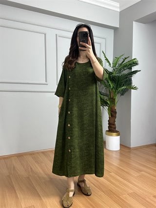 Beste Hareli Yeşil Yandan Düğme Detaylı Pamuk Viskon Elbise 