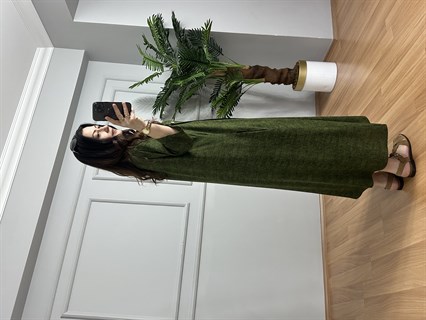 Beste Hareli Yeşil Yandan Düğme Detaylı Pamuk Viskon Elbise 