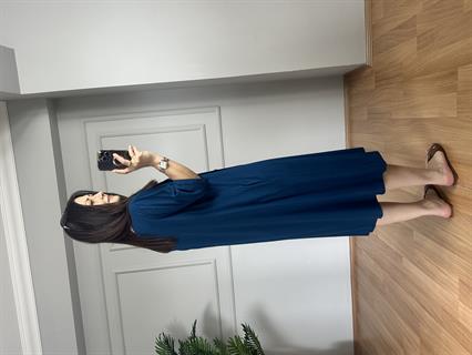 Beste Petrol Mavisi Yandan Düğme Detaylı Pamuk Viskon Elbise