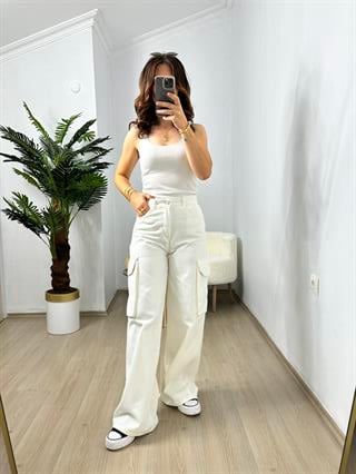 Beyaz Kargo Cep Denim Pantolon