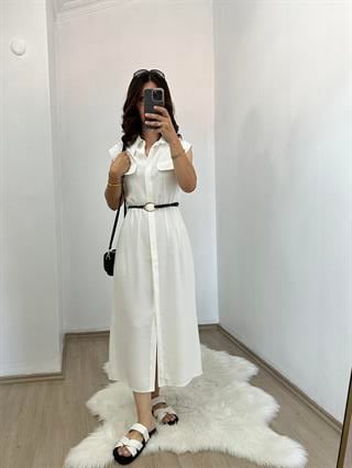 Beyaz Tensel Kumaş Kolsuz Kemerli Gömlek Elbise