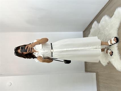 Beyaz Tensel Kumaş Kolsuz Kemerli Gömlek Elbise