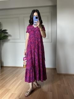 Defne Pembe Etnik Desen Pamuk Viskon Elbise