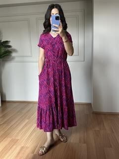 Defne Pembe Etnik Desen Pamuk Viskon Elbise