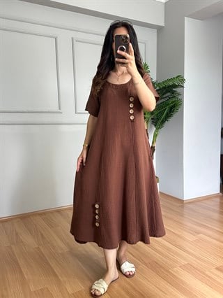 Deny Kahve Düğme Detaylı Müslin Elbise