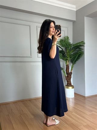 Deny Lacivert Düğme Detaylı Müslin Elbise