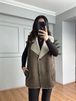 Diva Kahve İthal Nubuk Kürk Detaylı Yelek