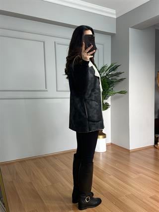 Diva Siyah İthal Nubuk Kürk Detaylı Yelek