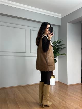 Diva Taba İthal Nubuk Kürk Detaylı Yelek