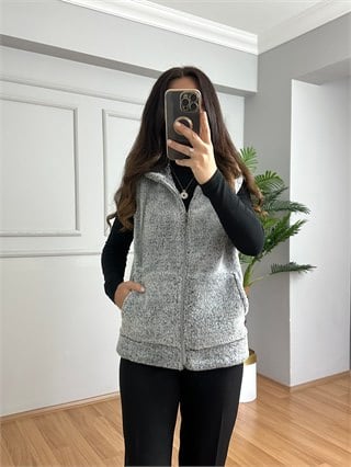Edna Gri Kapişonlu Polar Yelek