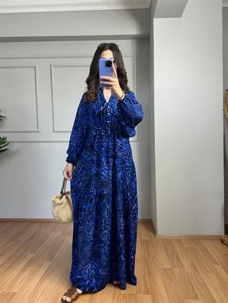 Elisa Mavi Balon Kol Pamuk Viscon Elbise