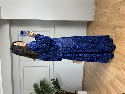 Elisa Mavi Balon Kol Pamuk Viscon Elbise