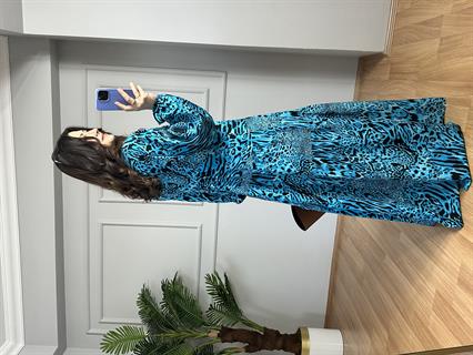 Elisa Turkuaz Balon Kol Pamuk Viscon Elbise