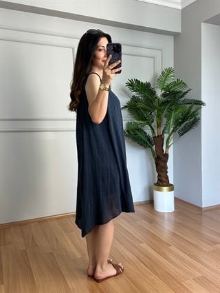Elora Lacivert Esnek Kumaş Kolsuz Elbise